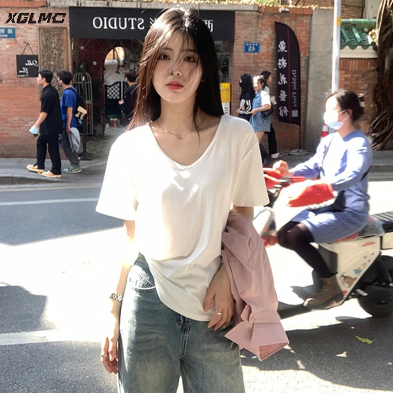 大码胖mm2025夏季新款纯色大v领宽松慵懒感弹力短袖T恤女宽松上衣