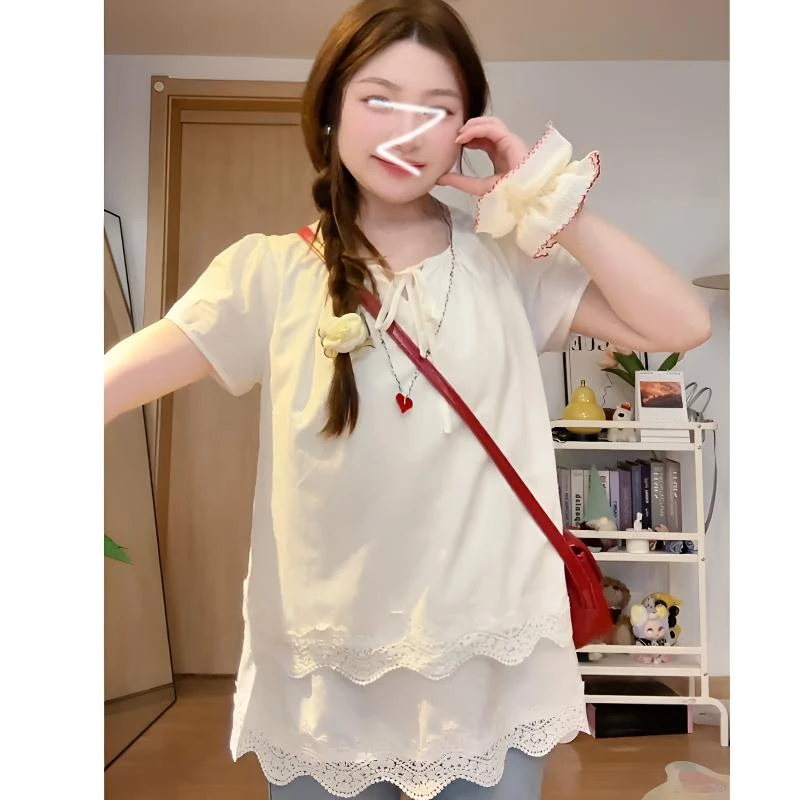 贵气千金风设计感蕾丝拼接绑带短袖女2025夏新款宽松大码微胖上衣