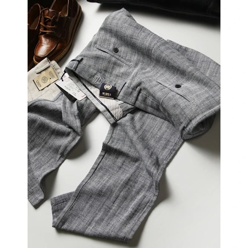 人字纹~春夏简约薄款款亚麻混纺抗皱休闲裤直筒条纹长裤时尚男士