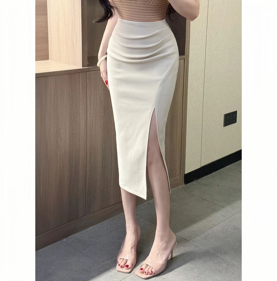 高腰开叉半身裙女夏季褶皱显瘦拉链气质包臀裙黑色中长裙