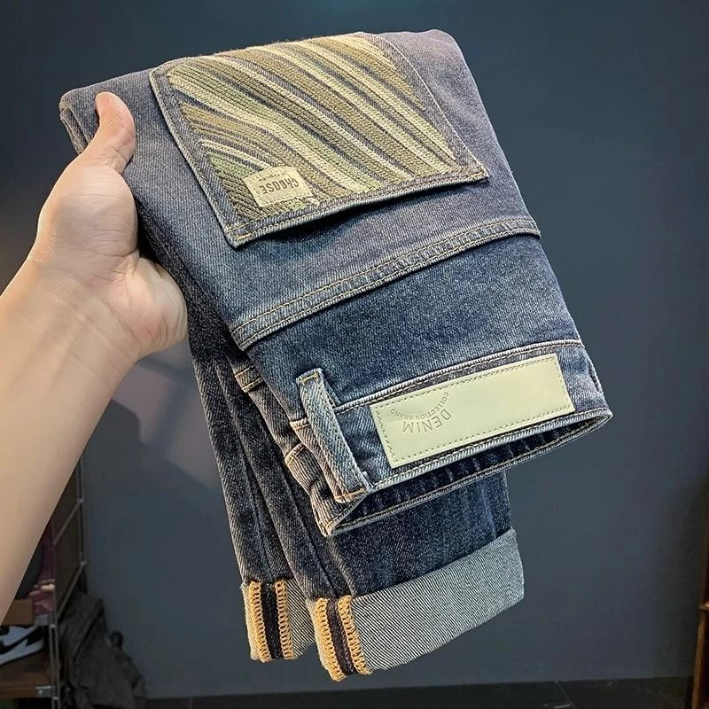 HTKD牛仔裤男夏季新款潮牌修身小脚长裤刺绣休闲百搭弹力水洗男裤