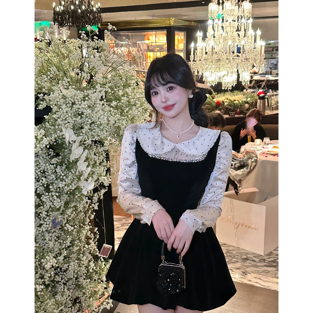 MengFairy清清【傲娇千金】韩系娃娃领上衣甜美丝绒连衣裙套装4304