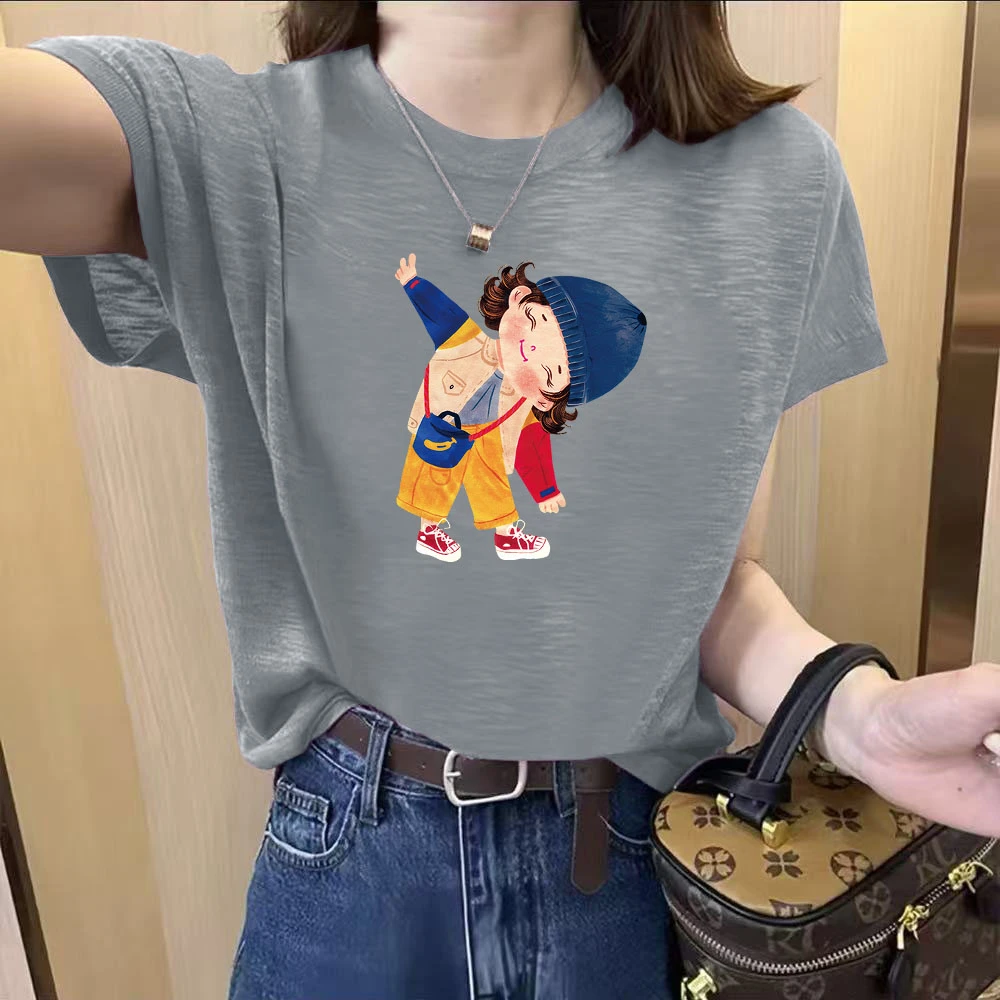 印花短袖夏季垂感雪花棉T恤衫女士减龄显瘦2025新款薄款圆领上衣