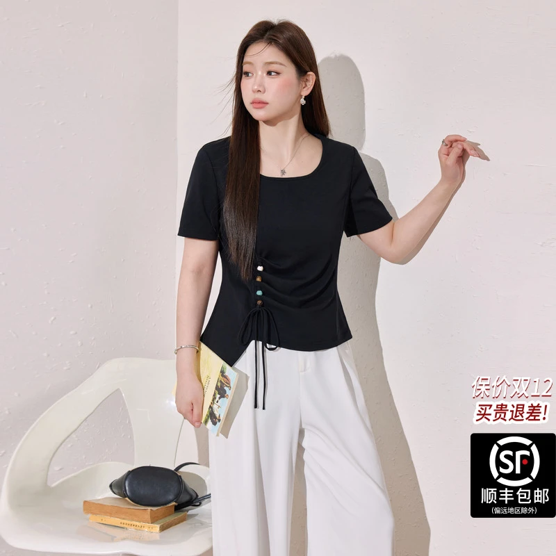 蓝语大码女装不规则天丝棉透气短袖T恤2025显瘦遮肉黑色上衣12280