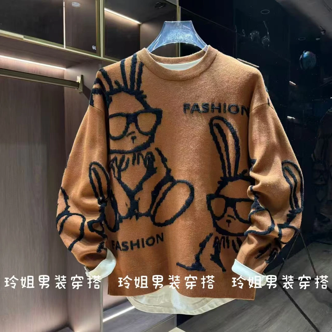 潮牌卡通印花兔子毛衣男秋冬情侣潮流套头上衣休闲百搭圆领针织衫