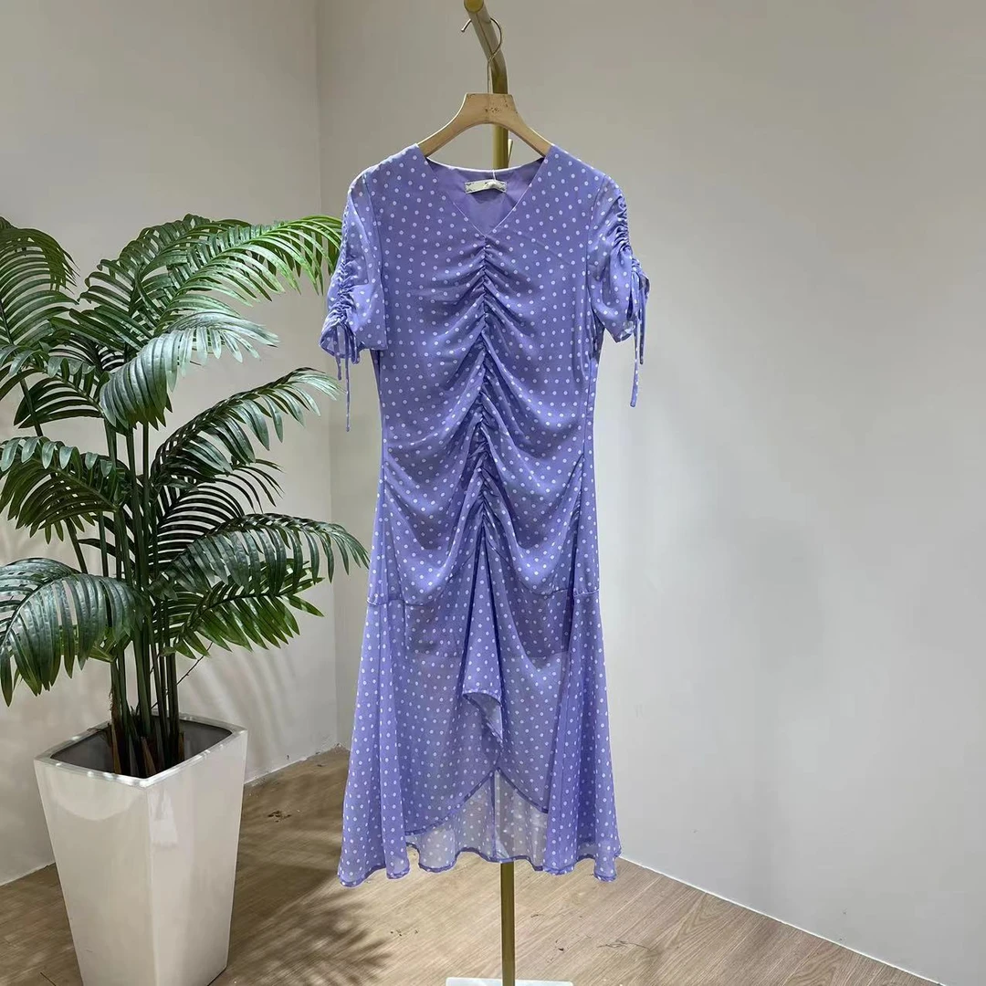 D4755紫色波点连衣裙女2025年夏季新款甜美温柔风气质减龄v领长裙