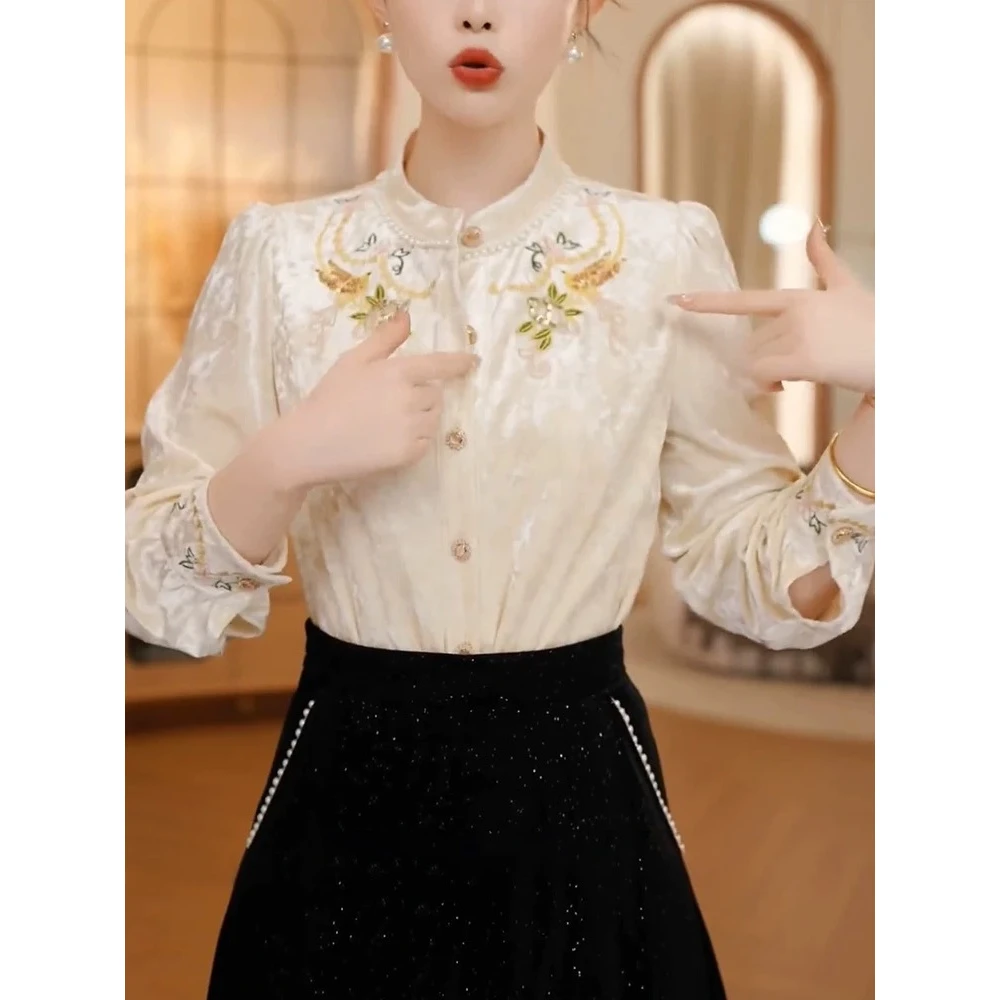【509】法式立领荷叶边盘扣衬衫设计感小众重工国风上衣