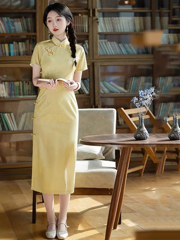 【佳人】黄色旗袍改良款少女气质连衣裙中长款复古中国风夏季日常