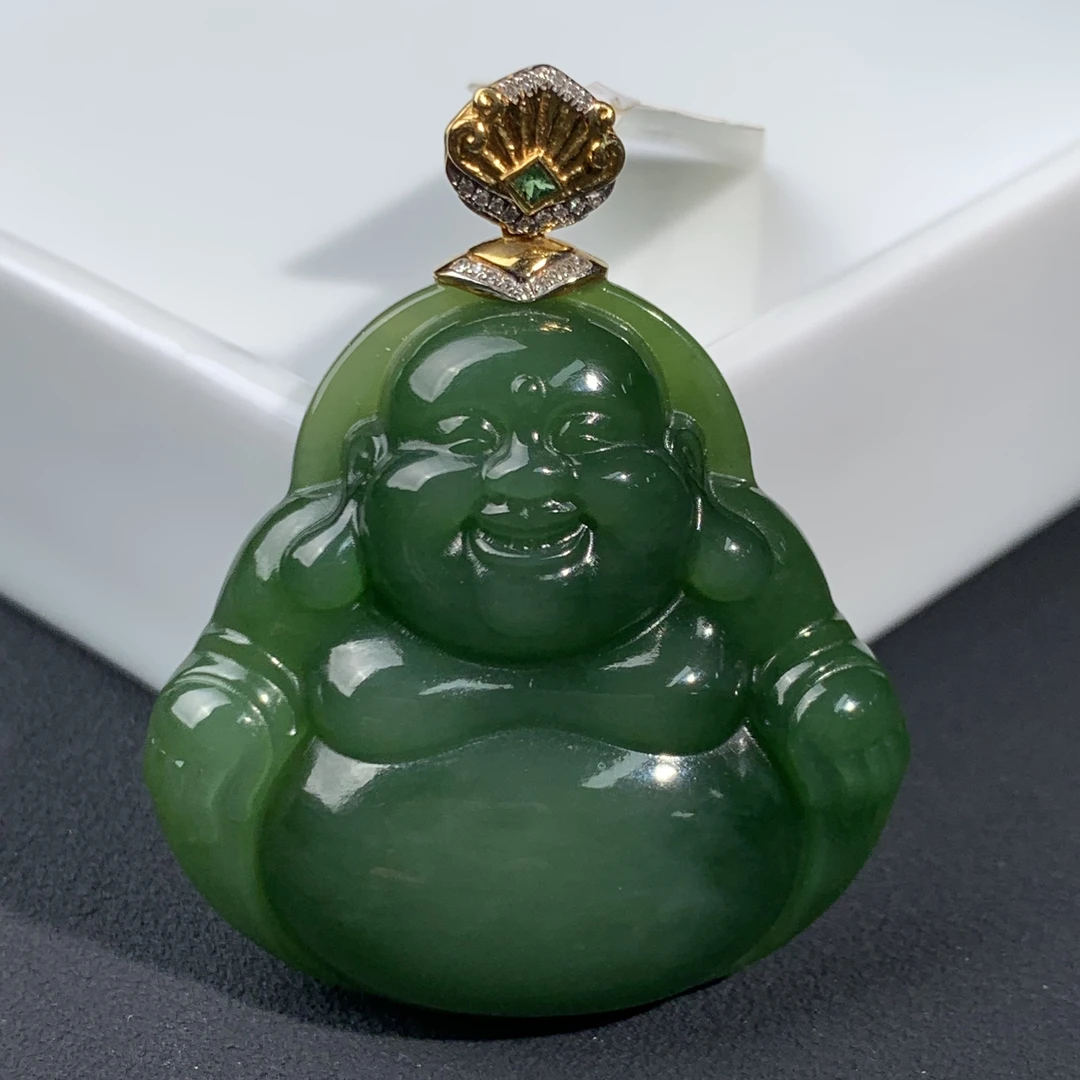 【一团和气】和田玉俄碧浓色18K镶猫眼佛公