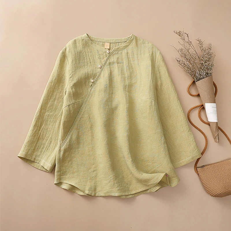 复古国风新中式斜襟七分袖汉麻衬衫女夏季亚麻上衣禅意高级感小衫