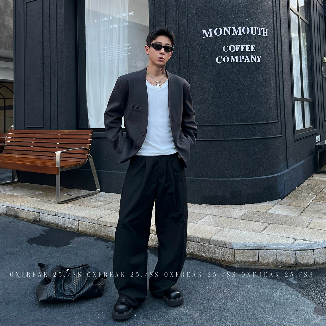 OXFREAK「秀场同款 中式美学」灰色无领西装外套男高级感廓形西服