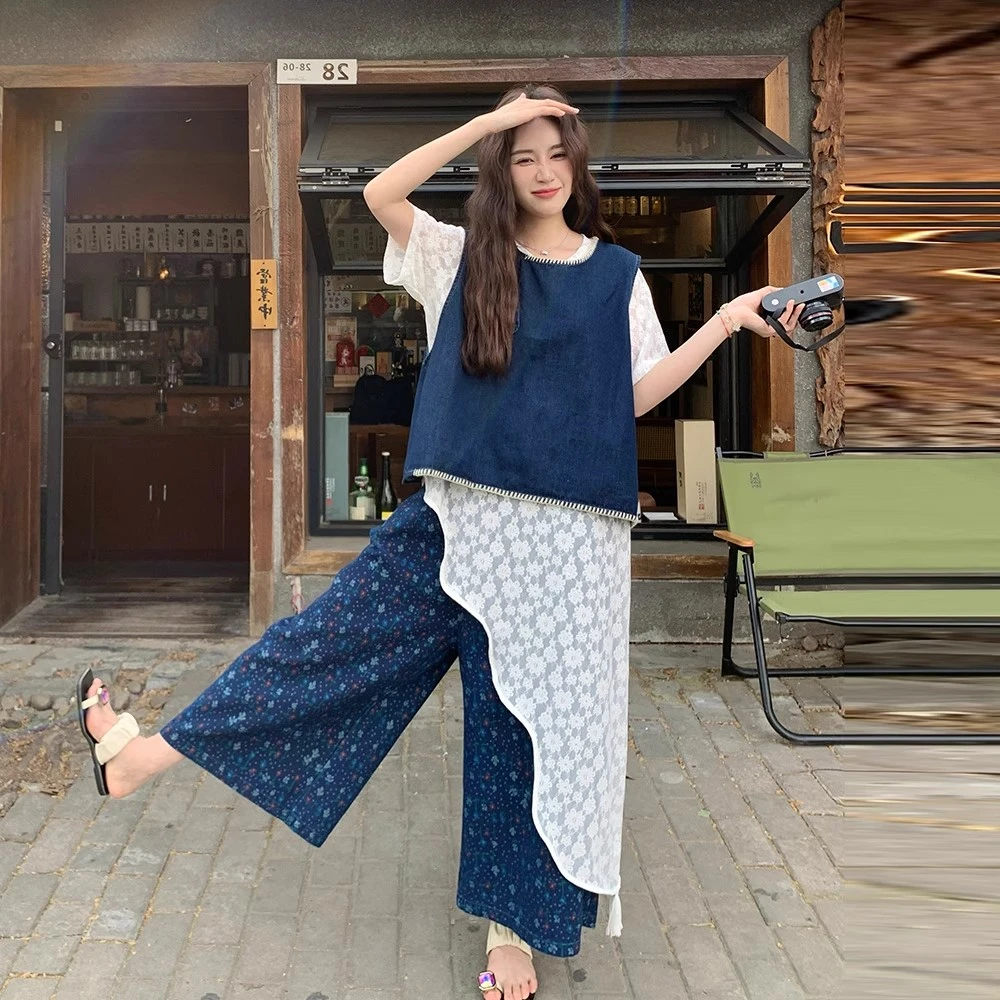 蓝色复古叠穿牛仔马甲套装女2025夏季不规则蕾丝罩衫阔腿裤三件套