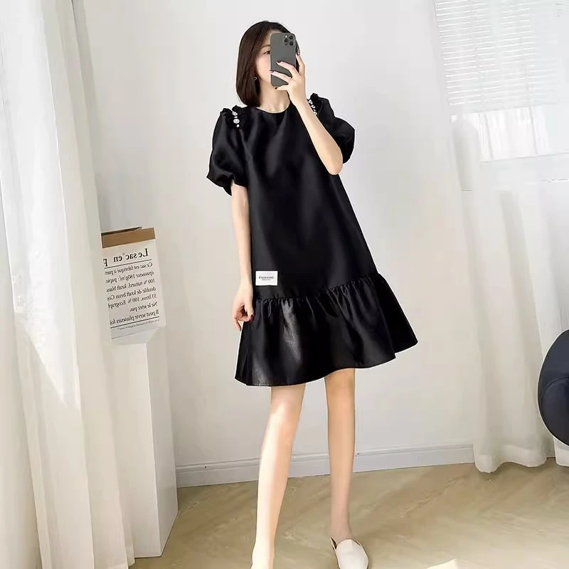 欧洲站2025夏季新款法式荷叶边连衣裙宽松遮肉黑色泡泡袖娃娃裙女