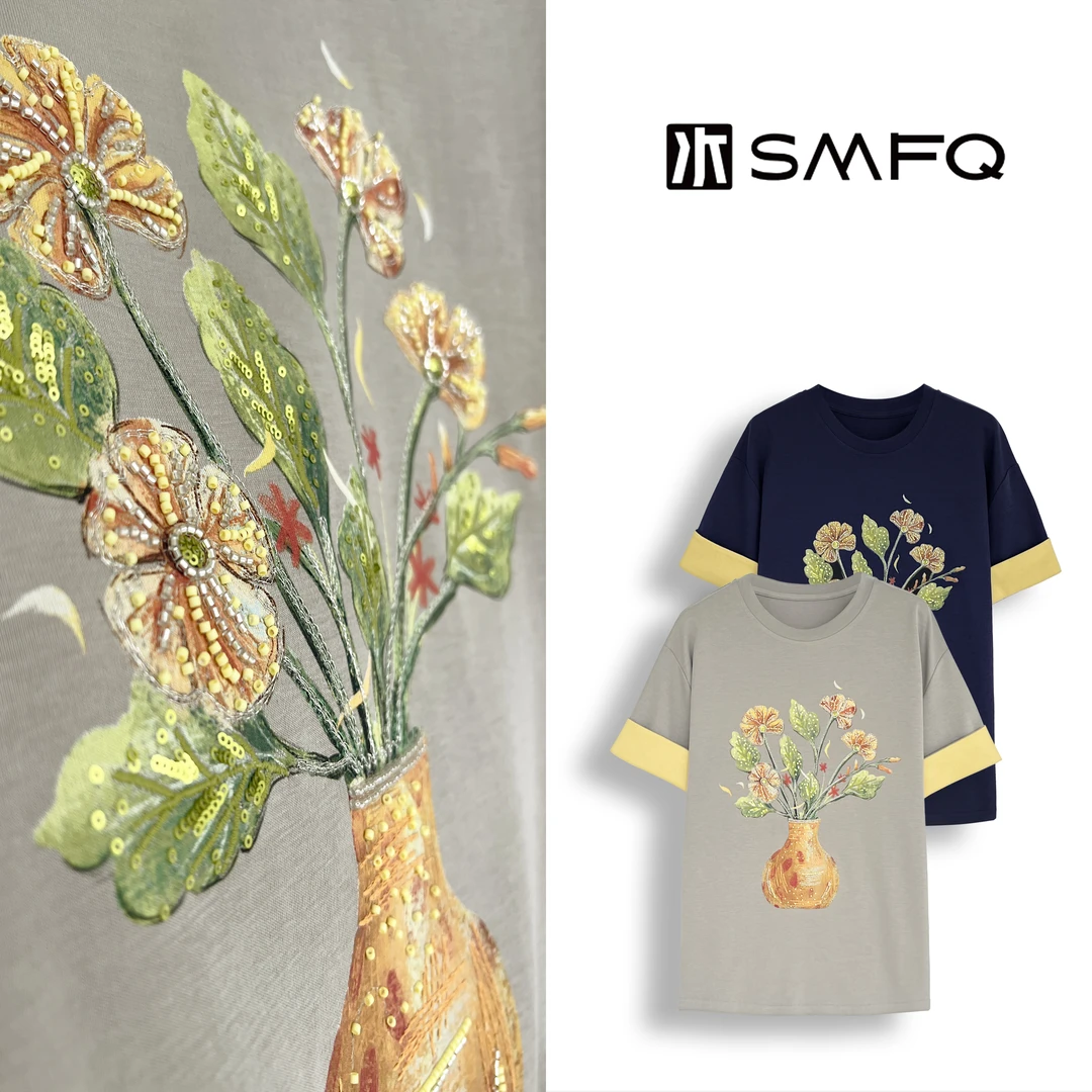 水木夫妻“”锦上添花“”花卉重工串珠装饰撞色短袖T恤女上衣