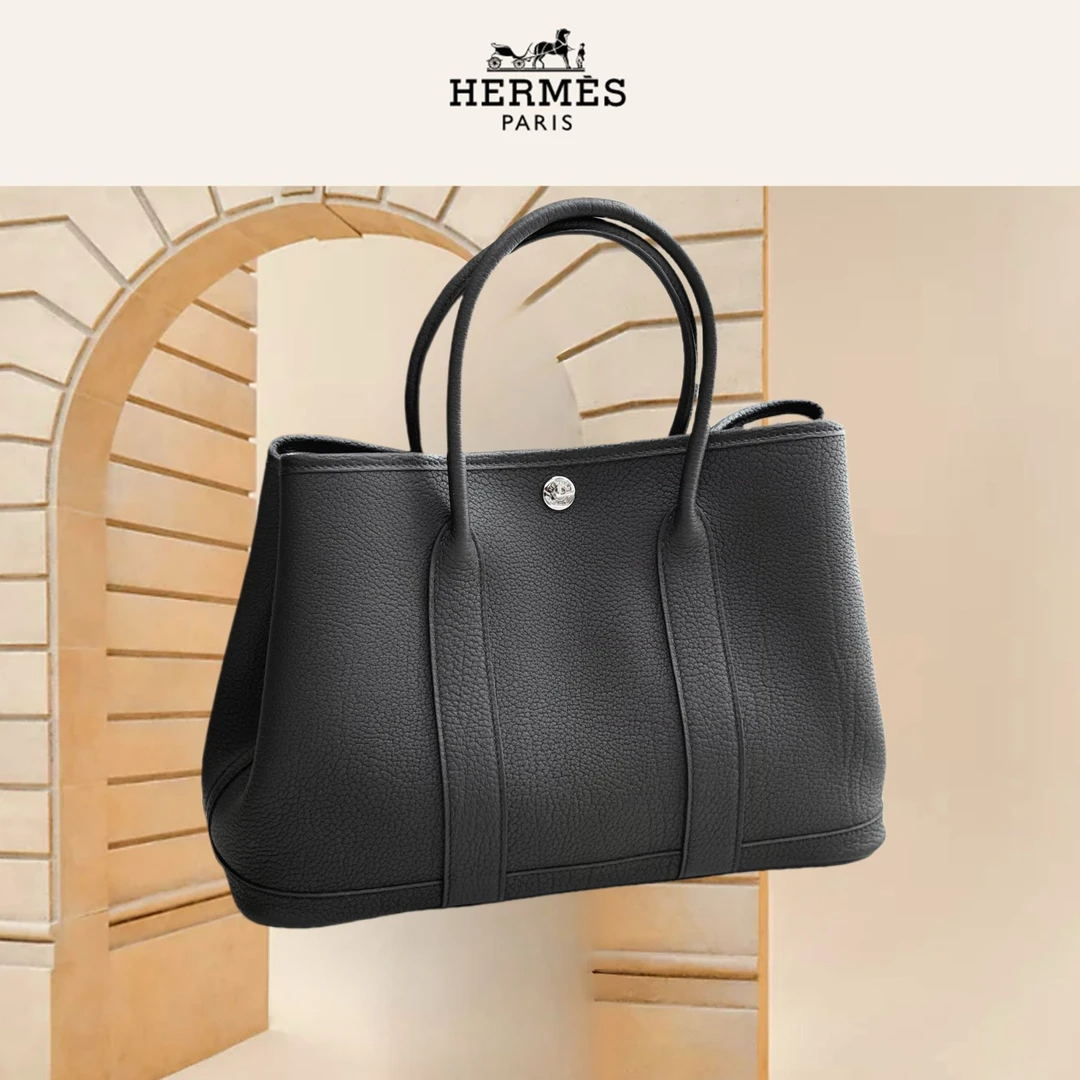 99新 Hermes/爱马仕 garden party 30黑银全皮，W刻包