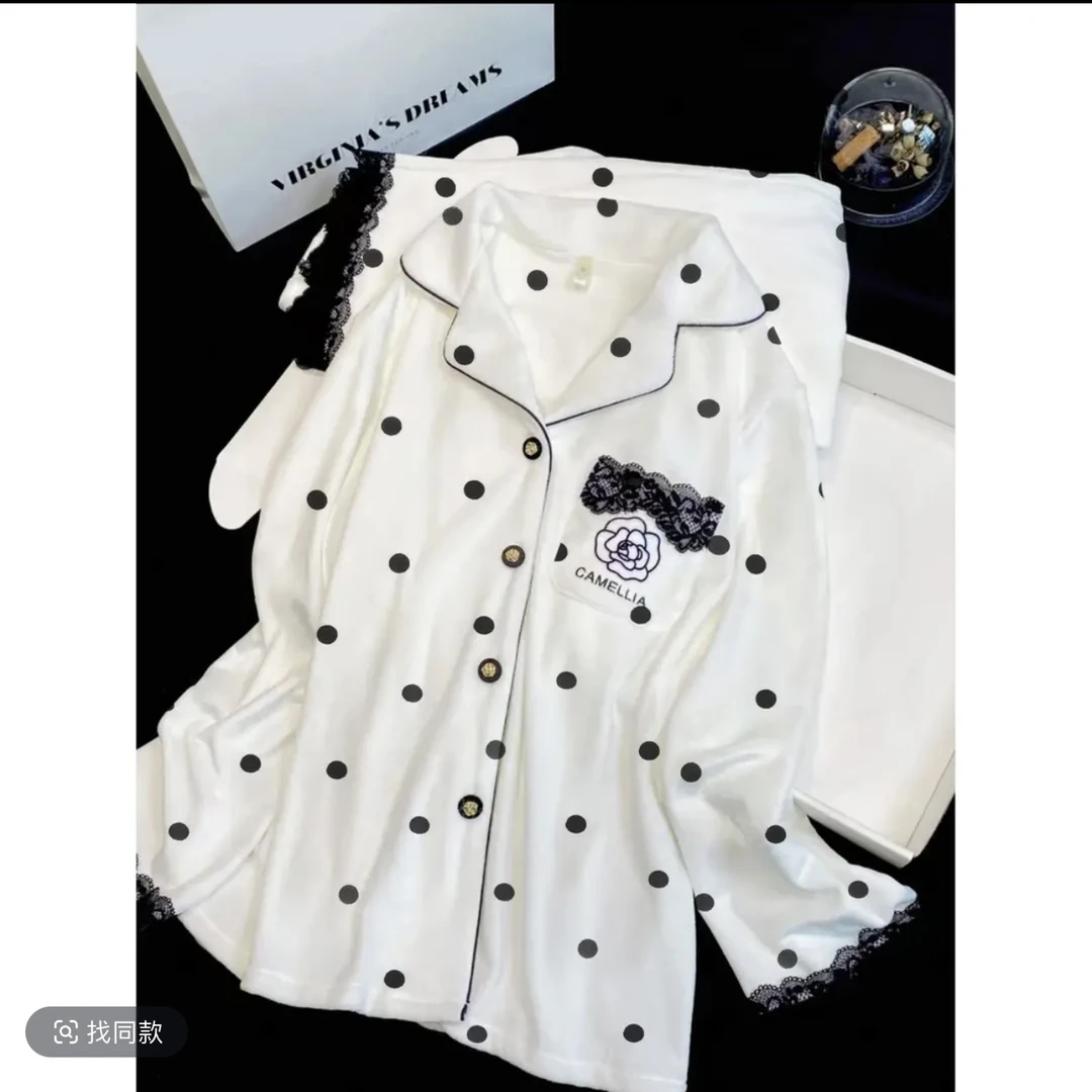 琦欣家波点珍珠奶茶加厚海岛绒保暖家居服套装女