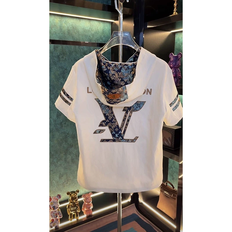 ins轻奢高定男装大牌字母刺绣短袖T恤2025夏季新款设计感连帽上衣