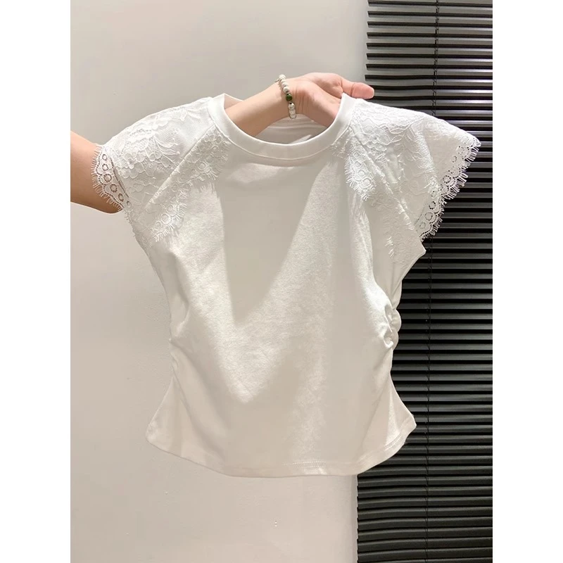 白色蕾丝花边拼接褶皱收腰小飞袖T恤女2025夏季新款修身显瘦上衣