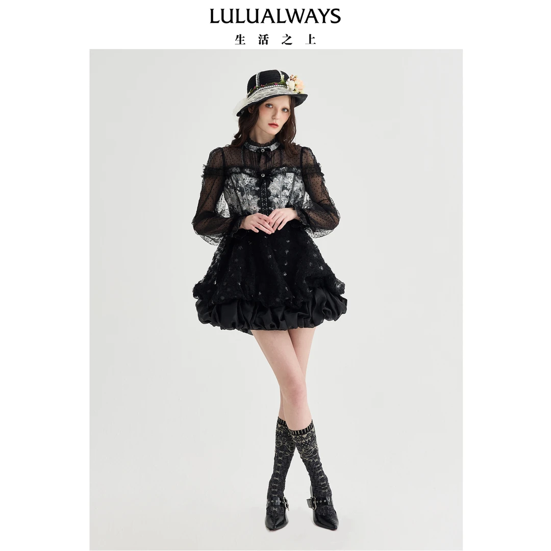 LULUALWAYS【商场同款】25春季新款经典蕾丝收腰显瘦花苞连衣裙女