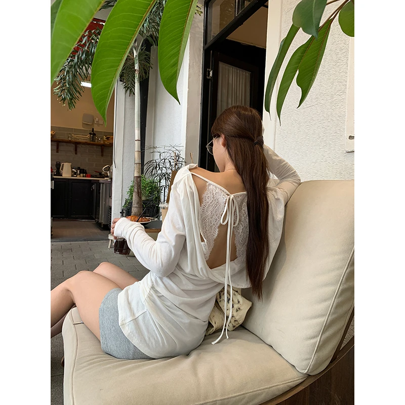 【HRG清仓】夏季纯欲风别致露背蕾丝薄款收腰罩衫T恤253Y2180#