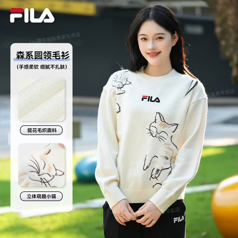 Fila/斐乐女圆领森系毛衫时尚秋冬小猫提花套头毛衣F61W548499A