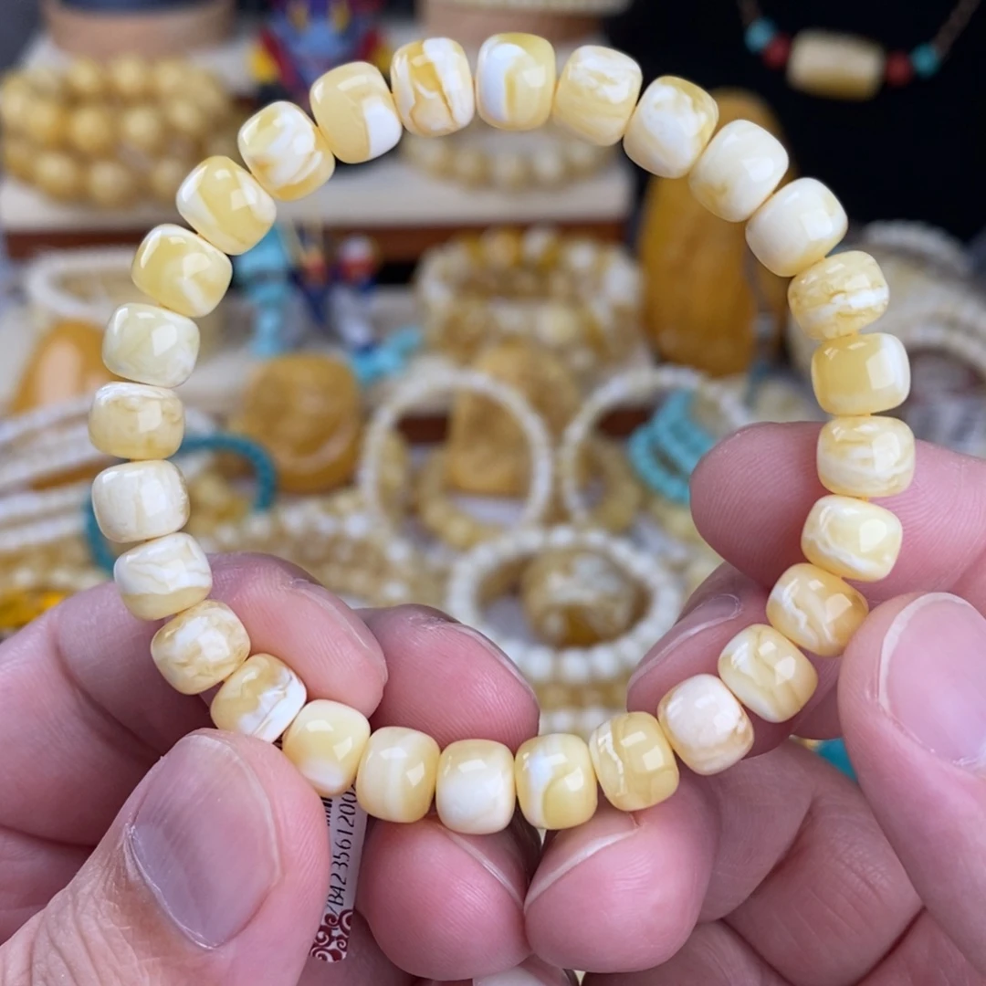 戈***戈蜜蜡未镶嵌手链瓷白蜡实虎皮纹8mm