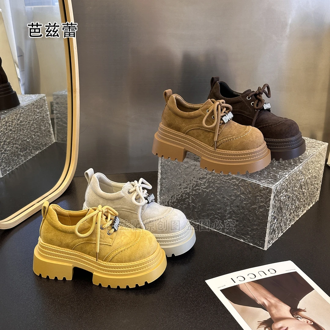 【2501】7CM系带春季小皮鞋女时尚单鞋长筒靴百搭乐福鞋