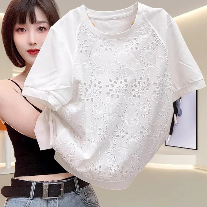 时尚镂空钩花纯棉t恤女士短袖夏季新款小众时尚女装胖mm宽松上衣