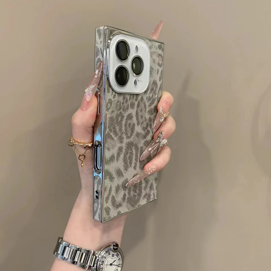 奢华方形豹纹皮纹适用iPhone15pro手机壳16promax时尚14网红软胶