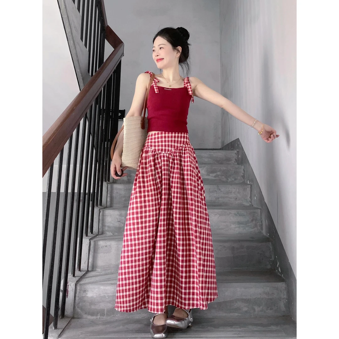 韩版法式复古红色针织套装甜辣风格纹半身裙五一旅游出街衣服