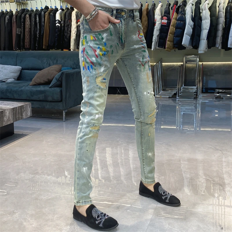 【也许家】新品男士九分牛仔裤蓝色修身长裤子彩绘潮流小脚裤EE859