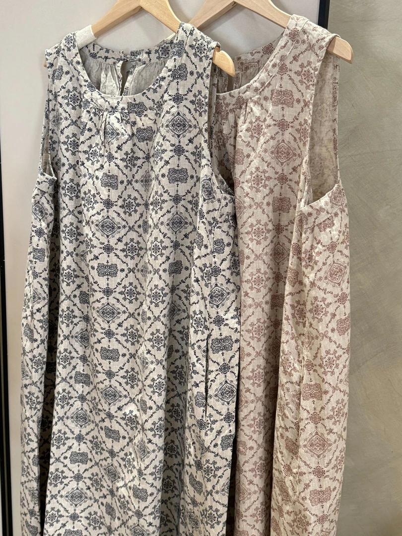 亚麻老钱风~植物印花图腾无袖长裙复古气质套头连衣裙