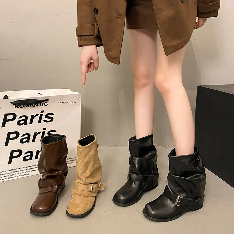 西部牛仔裤管短靴女2025新款百搭粗跟中筒堆堆靴复古英伦风马丁靴