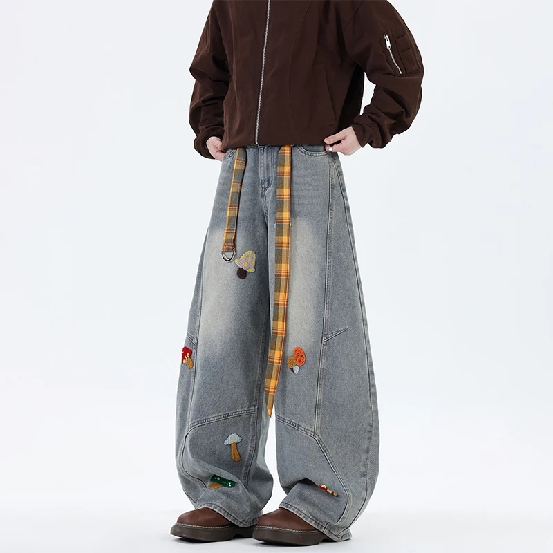 BOYUE帛跃送腰带美式卡通毛巾绣弯刀牛仔裤秋季宽松阔腿拖地裤潮