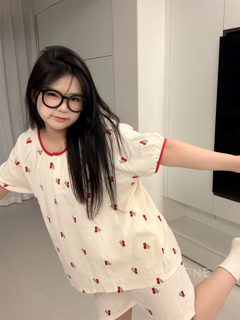 【樱桃草莓】大码睡衣女胖MM200斤短袖短裤云朵棉圆领ins樱桃少女
