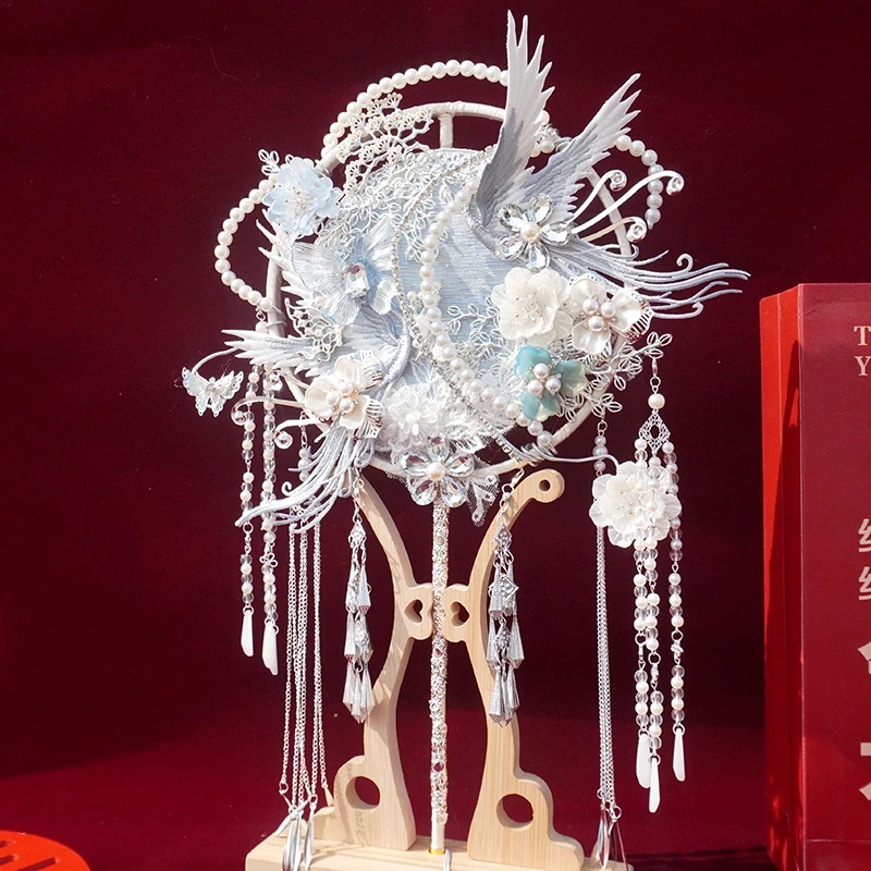 新娘结婚蓝色双面重工团扇新婚礼物高级感手工DIY中式出嫁遮羞扇