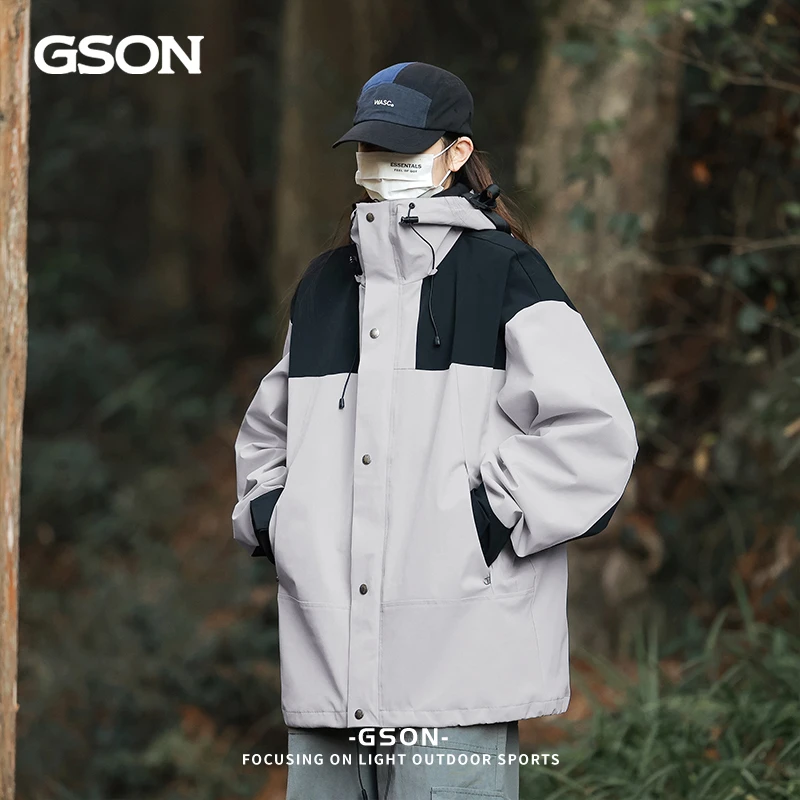 GSON男女同款防泼水夹克户外运动登山服情侣款宽松休闲冲锋衣外套
