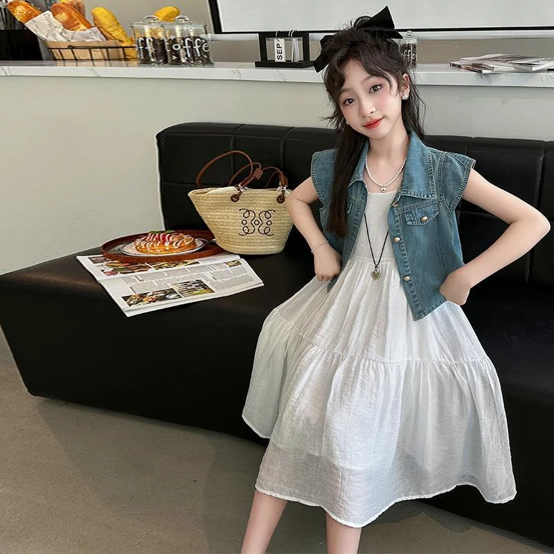 女童连衣裙2025新款夏装洋气裙子女大童吊带裙牛仔马甲两件套