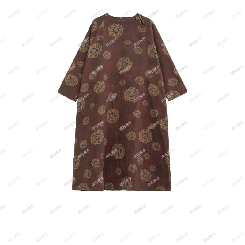 原创设计24-1248【不秋花】气质中式复古印花圆领宽松连衣裙