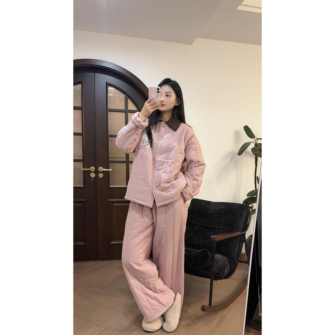 韩版少女纯色三层夹棉睡衣女秋冬加绒加厚情侣款家居服套装可外穿