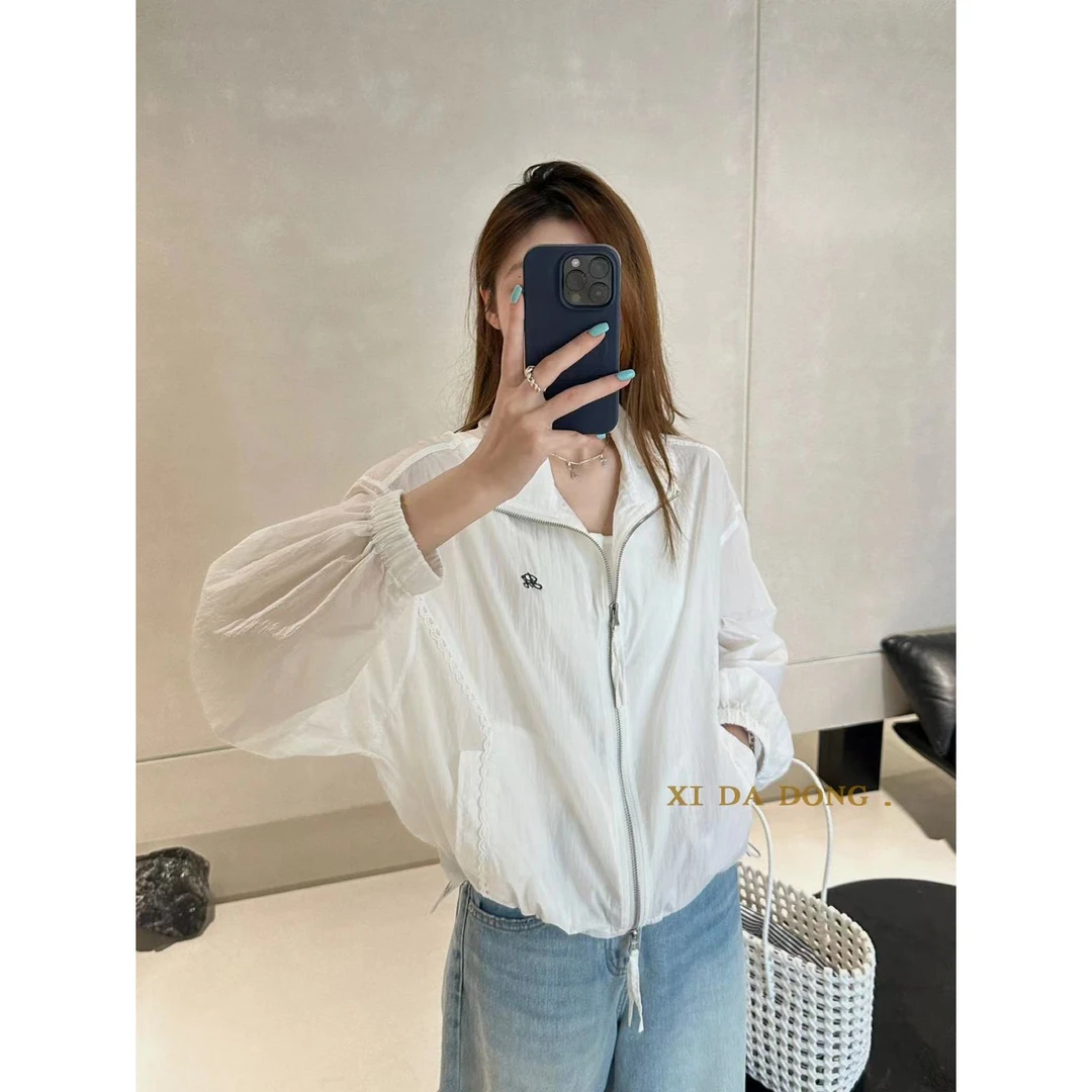 9110#喜大东#ins感简约休闲蕾丝边立领防晒衫（福利）