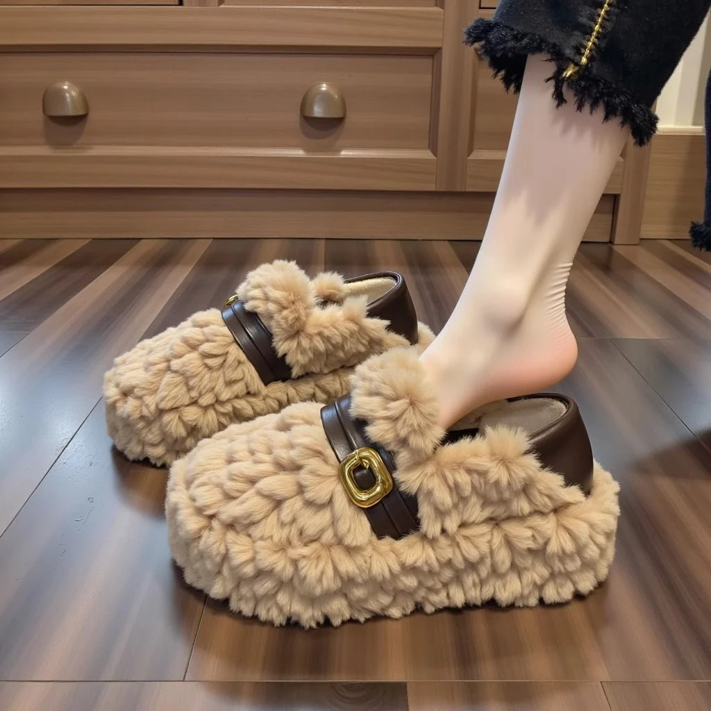 新款羔毛毛鞋女外穿秋冬加绒保暖豆豆鞋温柔一脚蹬鞋