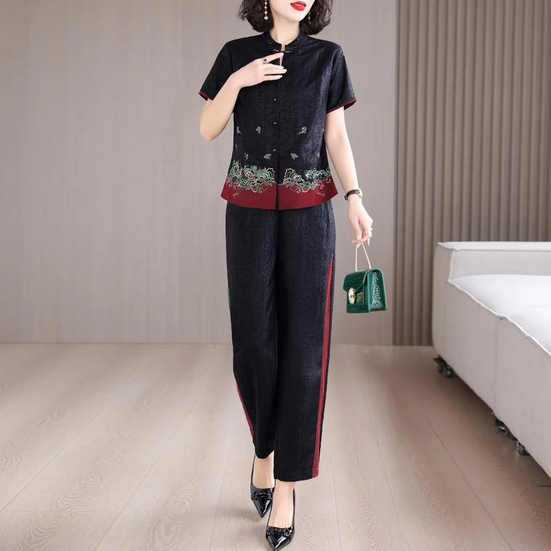 香云纱真丝大码套装中老年妈妈桑蚕丝女装宽松上衣阔腿裤两件套