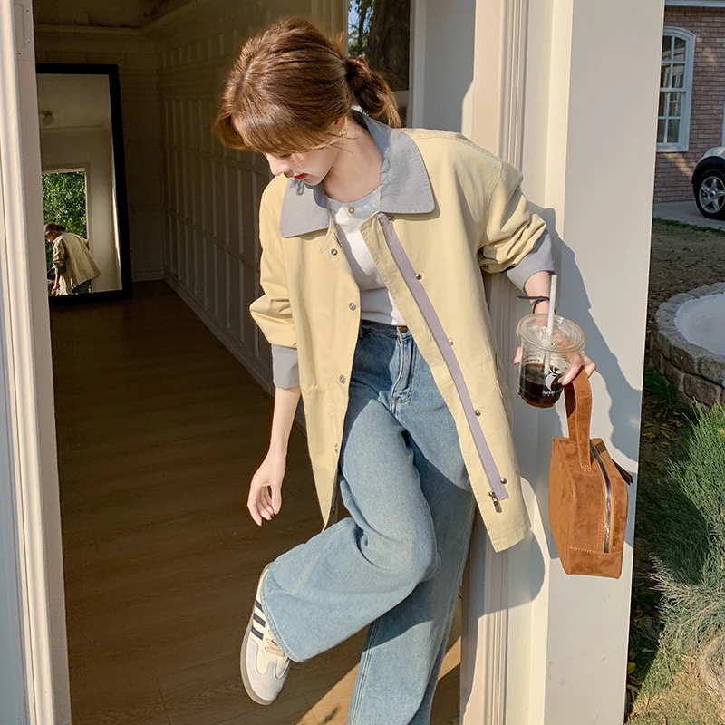 设计感撞色拼接工装风衣外套女2025春秋新款韩系chic气质休闲大衣