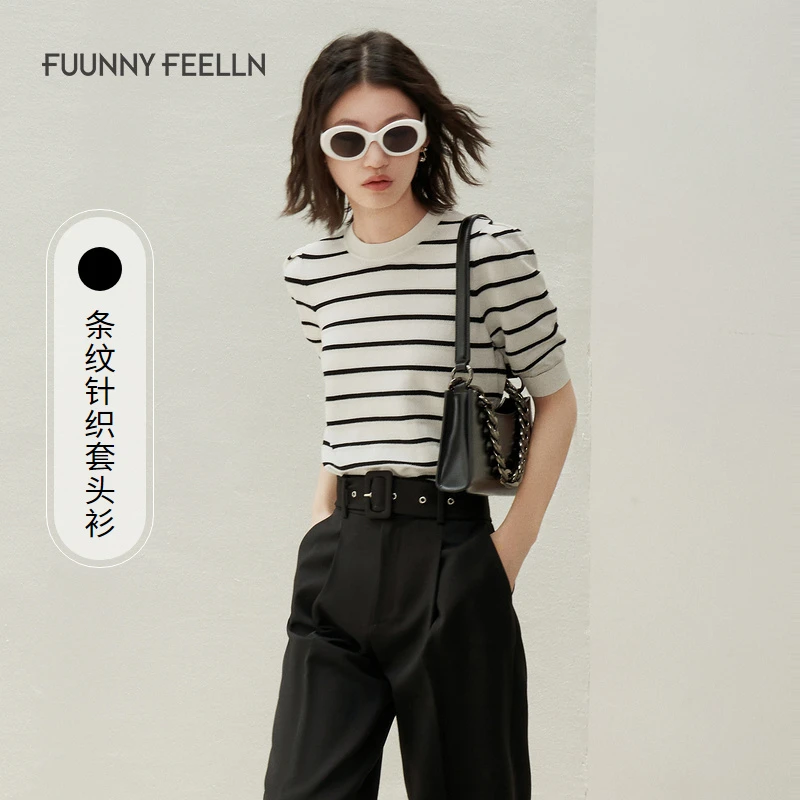 FF||仿佛春夏短袖针织衫条纹白色T恤女FZ00747
