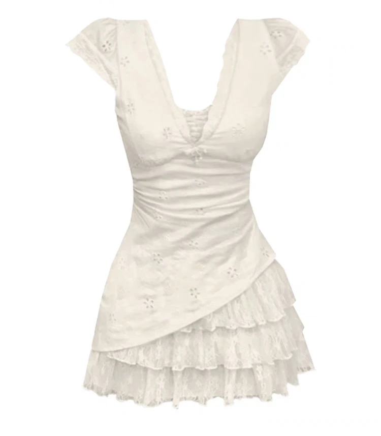 K111法式甜美杏色蕾丝v领短袖裙子连衣裙女夏季2025新款收腰显瘦