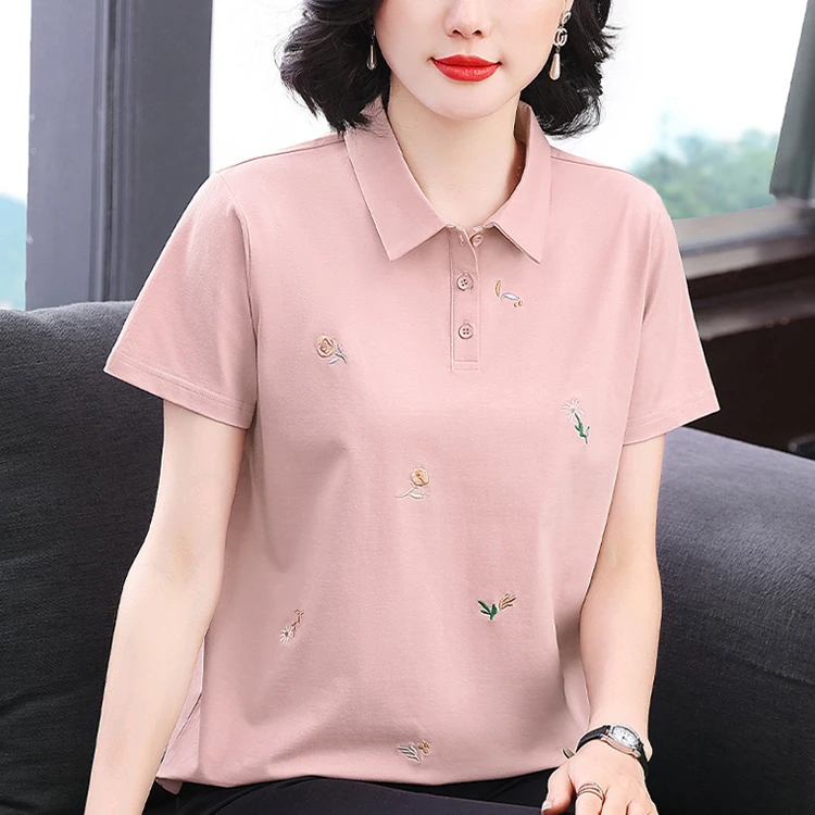 翻领纯棉短袖t恤女妈妈夏装2025新款中年半袖百搭上衣体恤polo衫