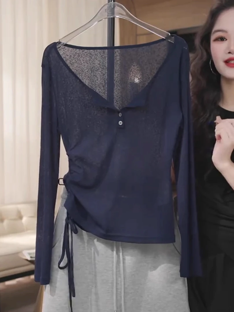 藏蓝色薄款长袖针织罩衫女秋季防晒衣2025年新款韩系抽绳显瘦上衣