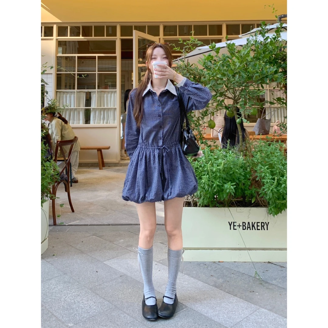 法式复古假两件格纹连衣裙早秋设计感小众收腰长袖花苞短裙