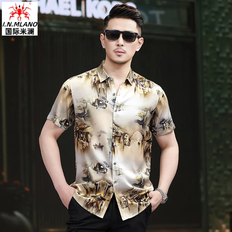 真丝短袖衬衫男休闲时尚高档男士桑蚕丝中国风上衣衬衣半袖潮流男